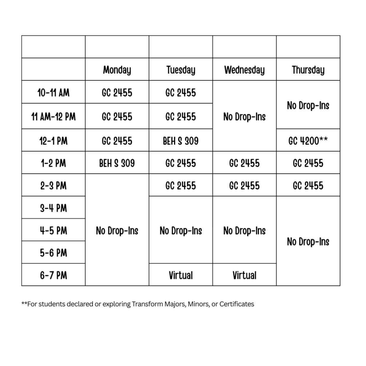 Updated Fall Advising Drop in Hours