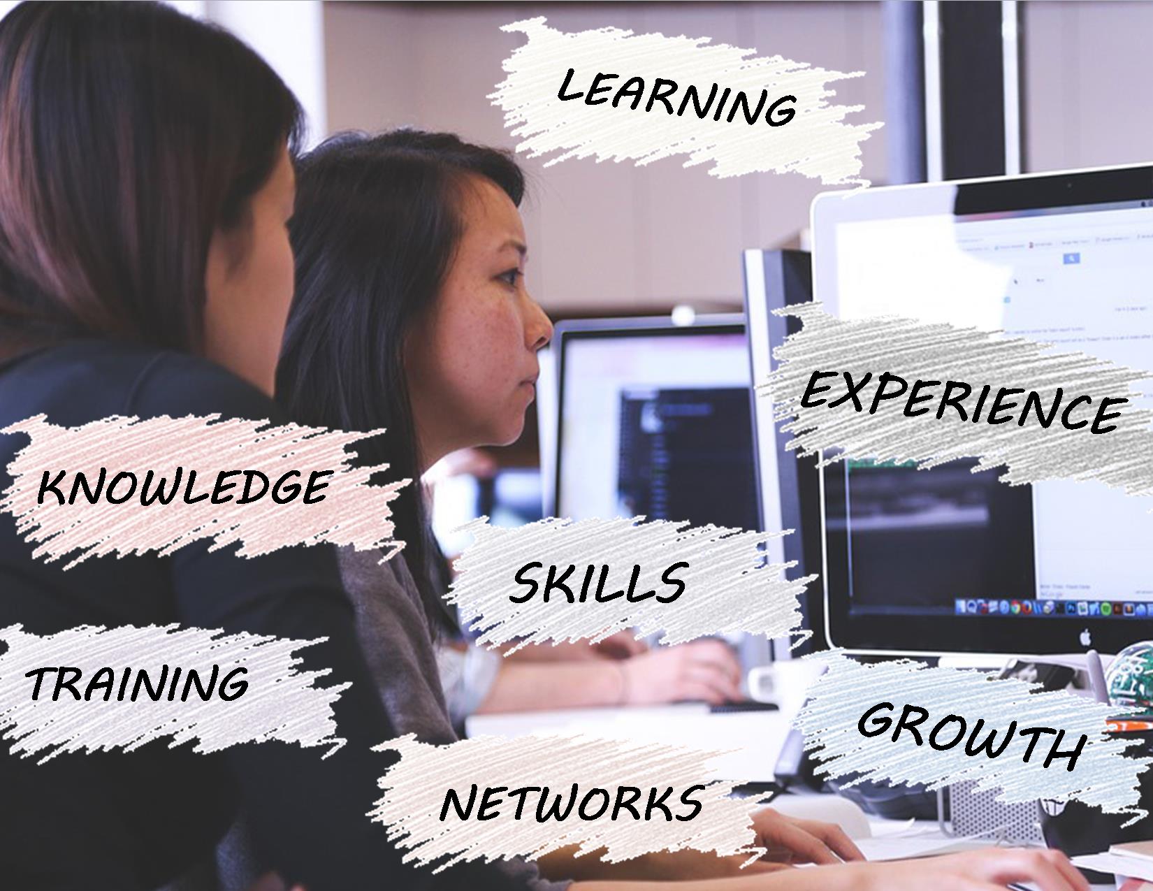 picture of two women with black hair at computer with words: learning, growth, skills