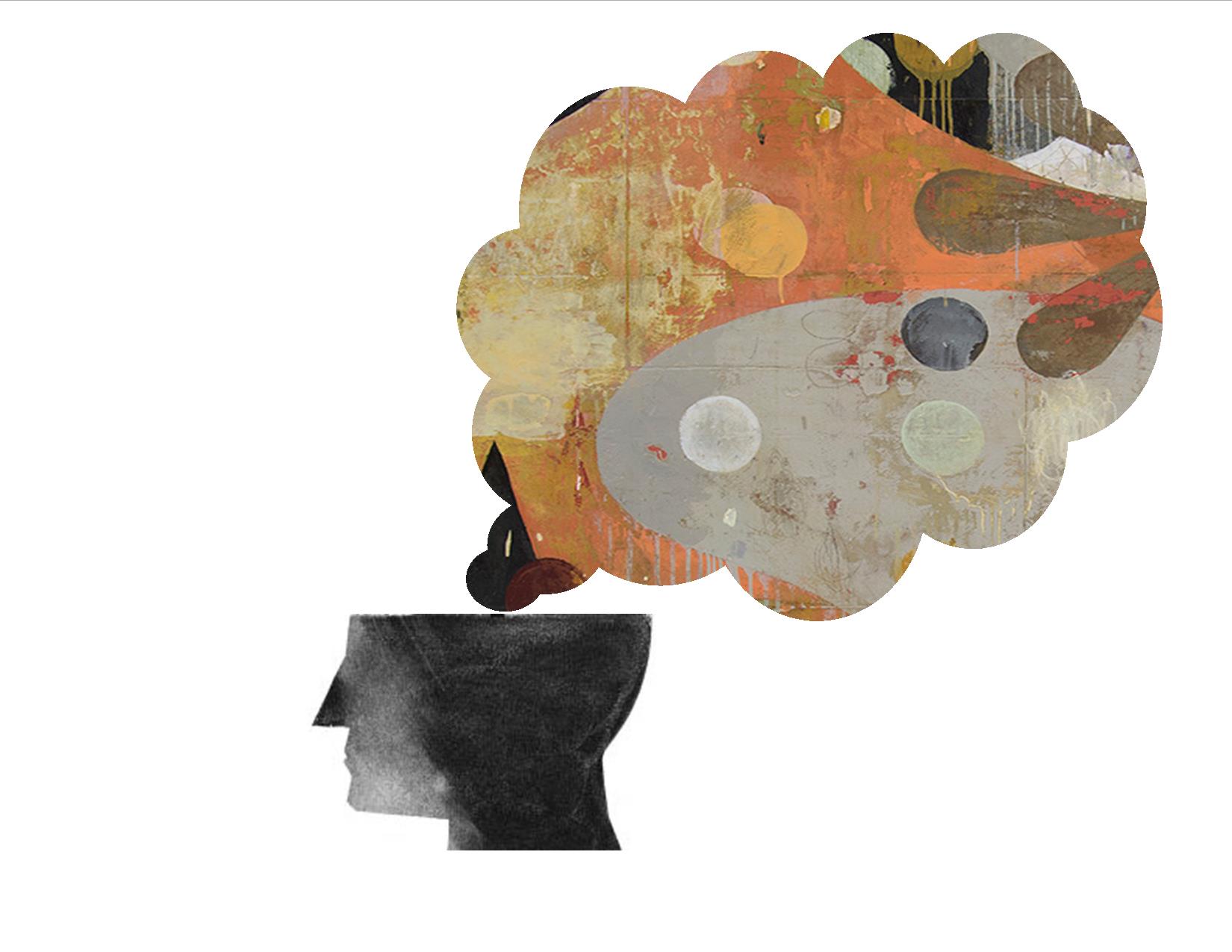 painting of silhouette profile face with painted symbols in thought balloon above