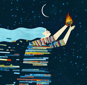 a painting of a young woman whose body is made of books in space cupping a flame with her hands 